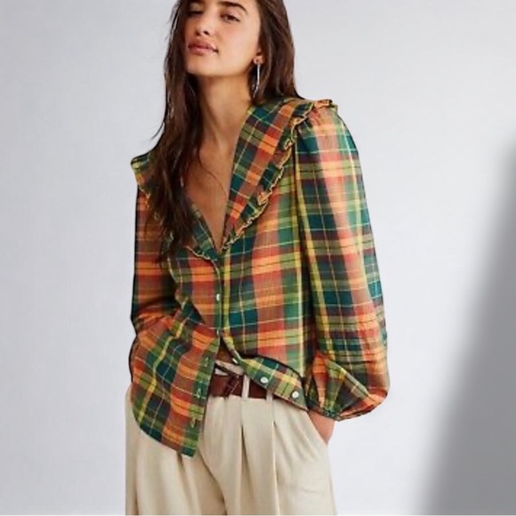 Free People Tops - Molly Ruffle Blouse Free People Plaid Button Down Sailor Collar Puff Sleeve S